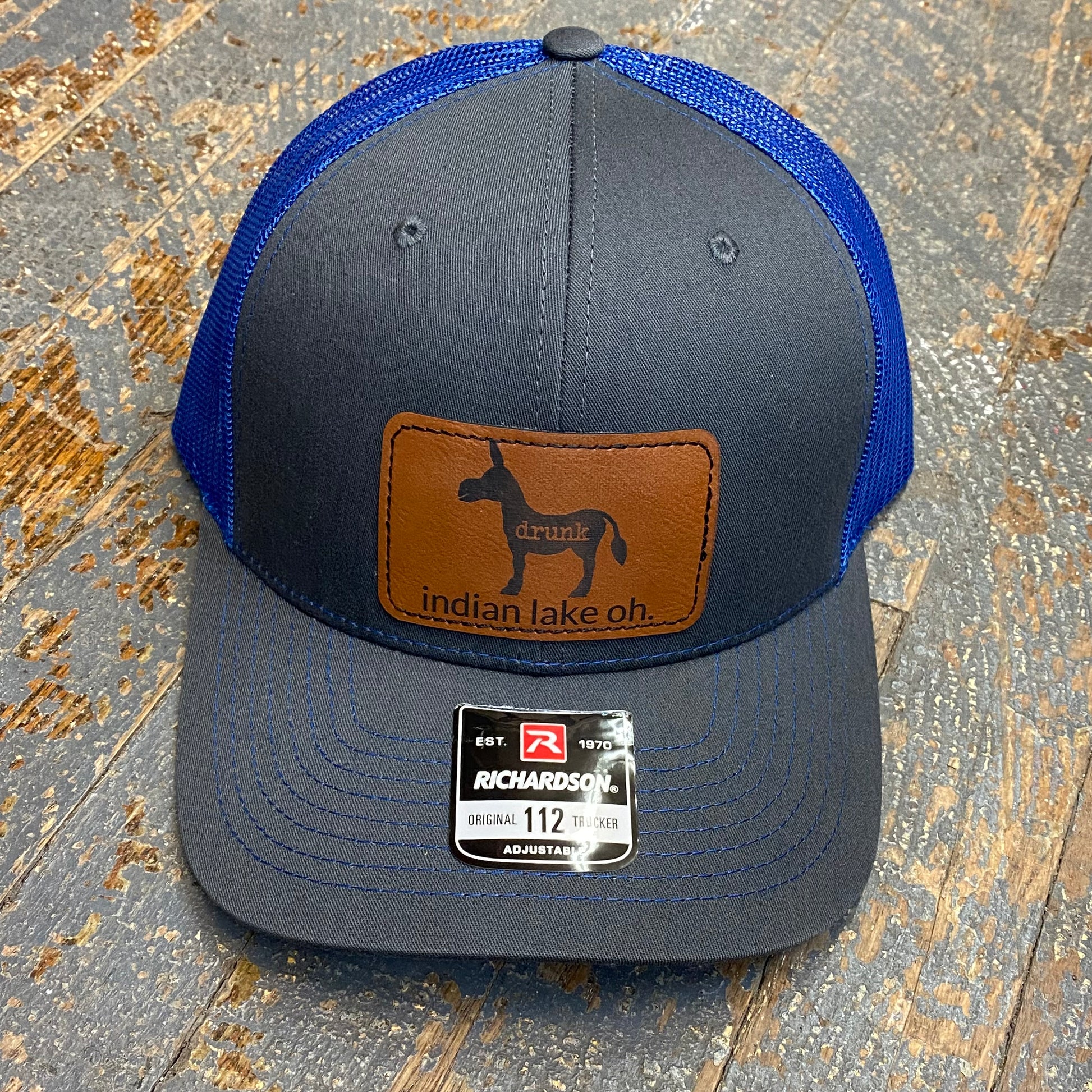 Drunk Ass Donkey Indian Lake Leather Patch Trucker Ball Cap Charcoal Blue