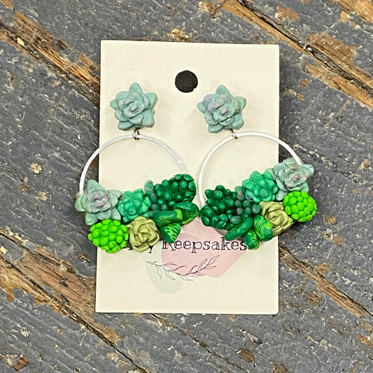 Clay Round Succulent Plant Cluster Post Dangle Earring Set