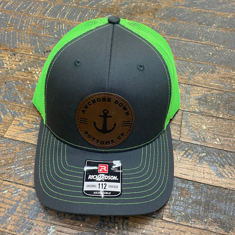 Anchor Down Bottoms Up Leather Patch Trucker Ball Cap Grey Neon Green