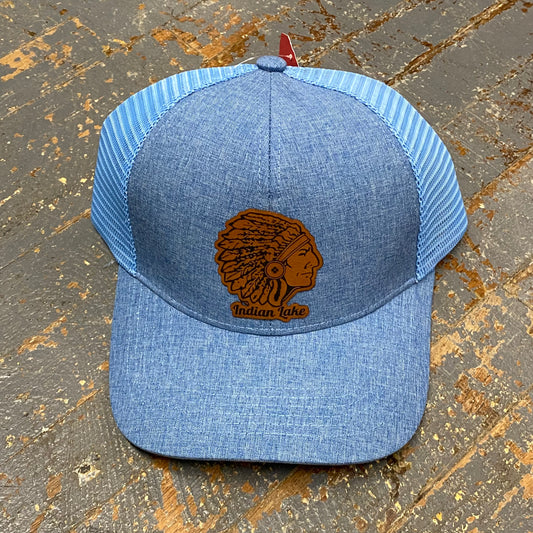 Indian Lake Ohio Indian Leather Patch Trucker Ball Cap Denim Blue