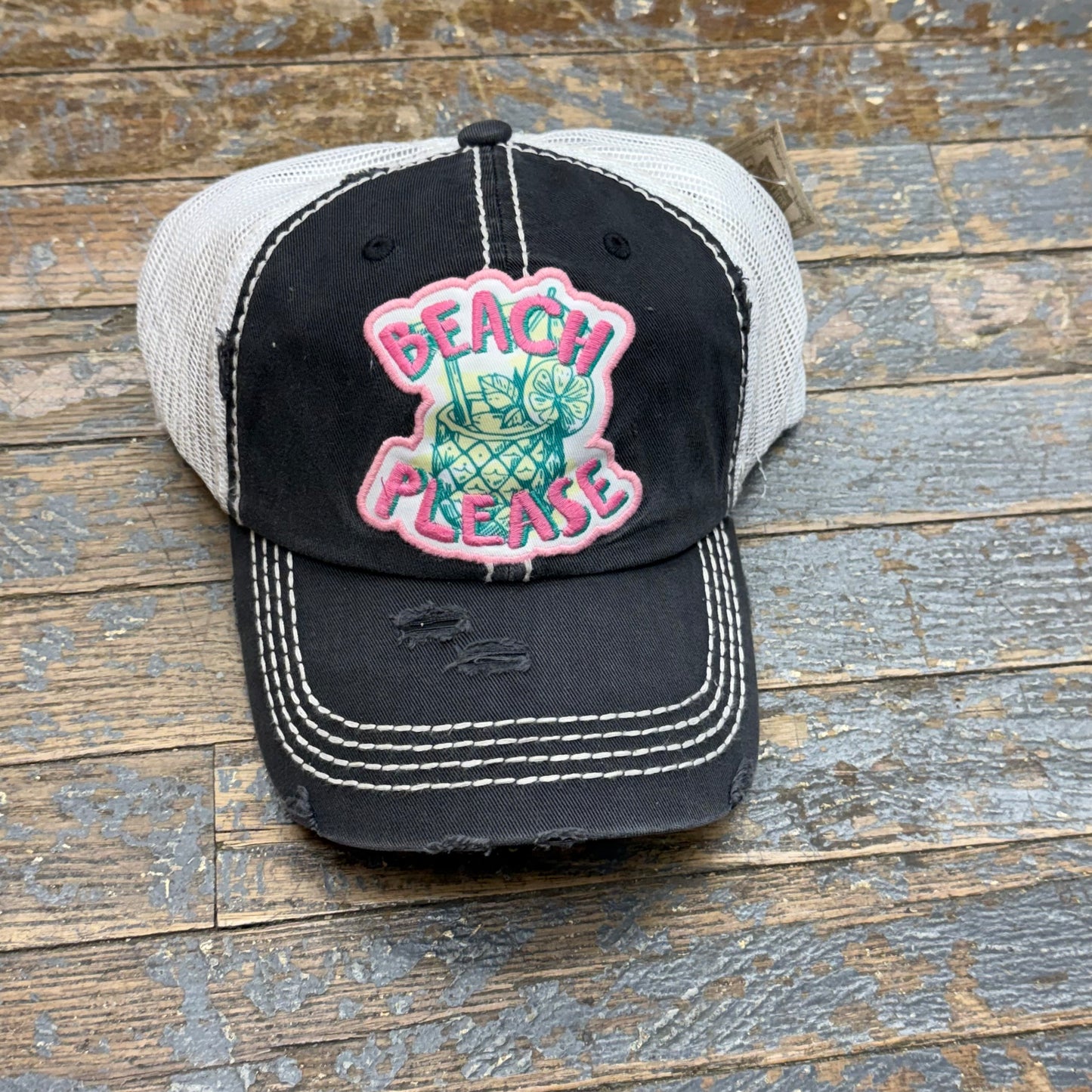 Beach Please Pineapple Patch Rugged Black Embroidered Ball Cap