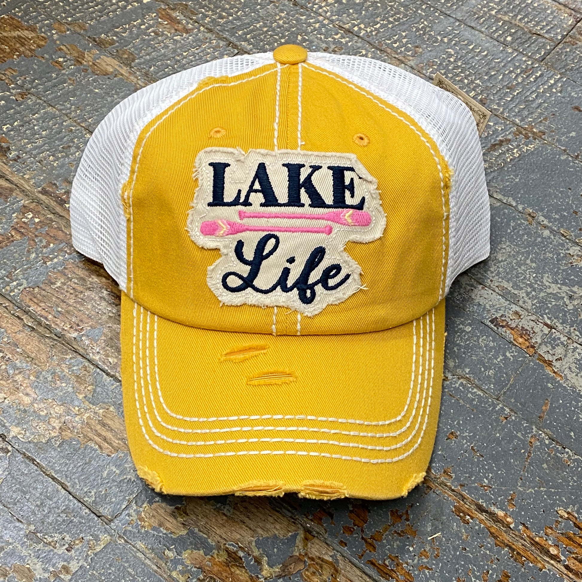 Lake Life Paddle Hat Mustard Yellow Vintage Embroidered Patch Ball Cap