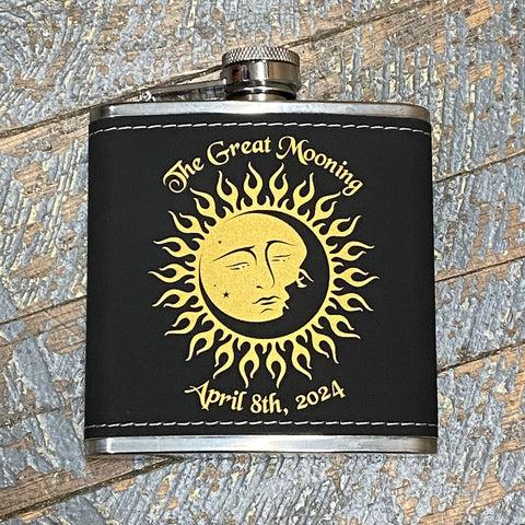 Laser Engraved Flask Great Mooning Solar Eclipse Black Leather Wrap
