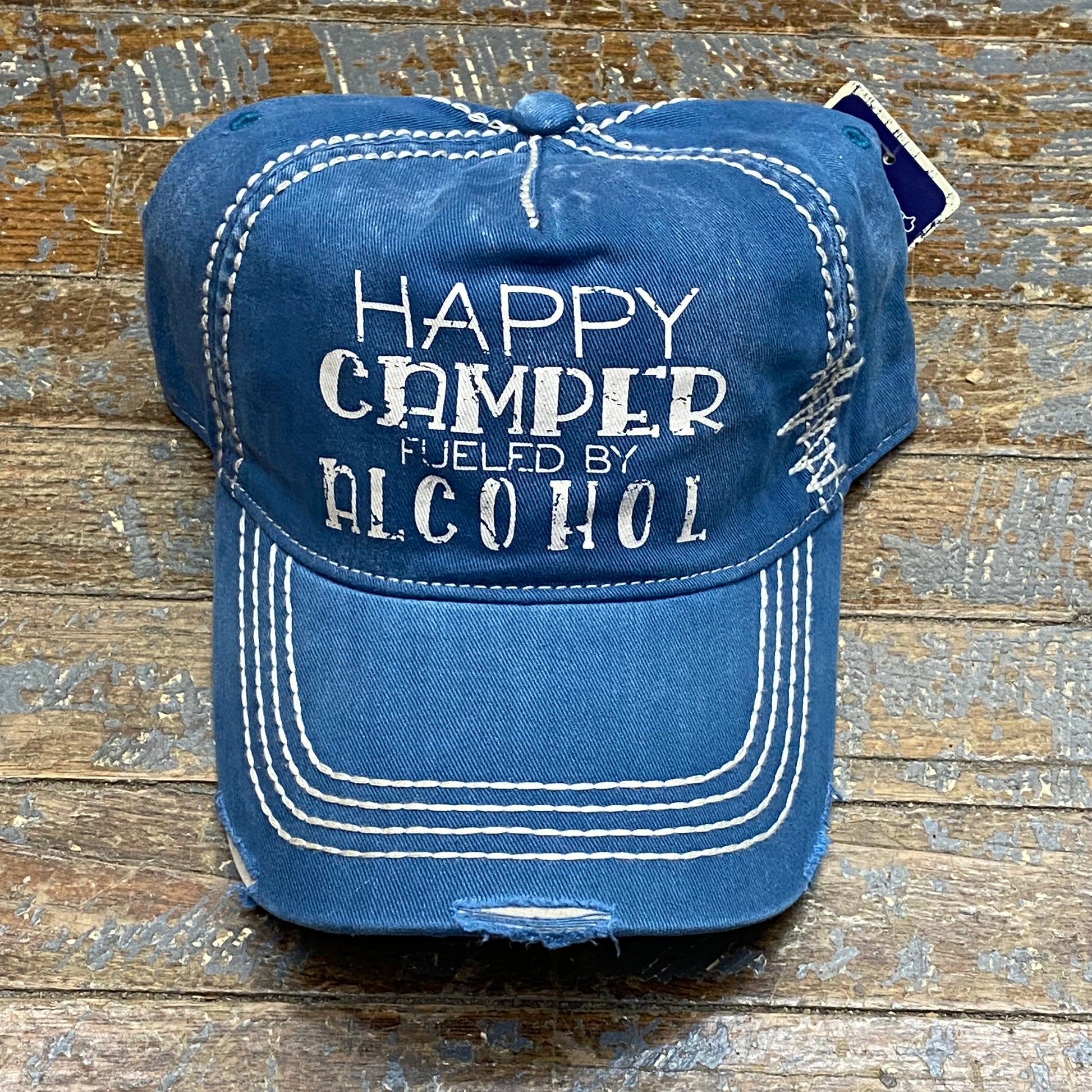 Happy Camper Fueled Alcohol Rugged Steel Blue Ball Cap