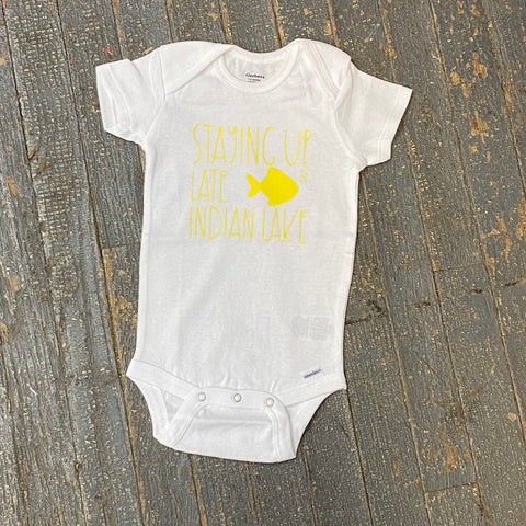 Staying Up Late at Indian Lake Yellow Personalized Onesie Bodysuit One Piece Newborn Infant Toddler Outfit