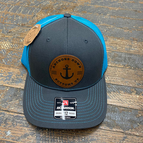 Anchor Down Bottoms Up Leather Patch Trucker Ball Cap Grey Neon Blue