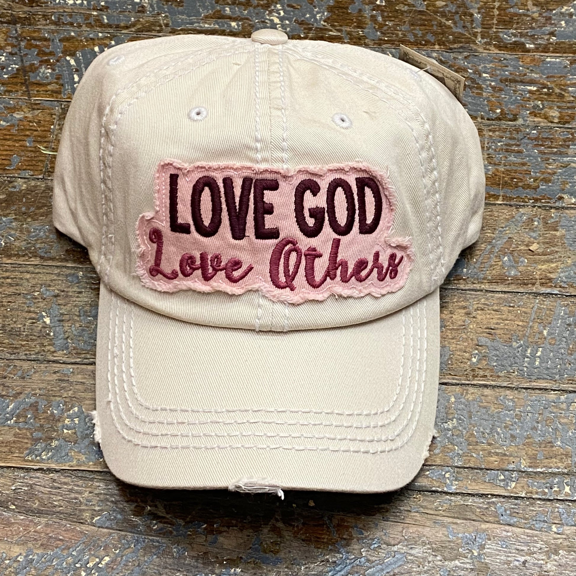 Love God Love Others Rugged Khaki Pink Embroidered Ball Cap