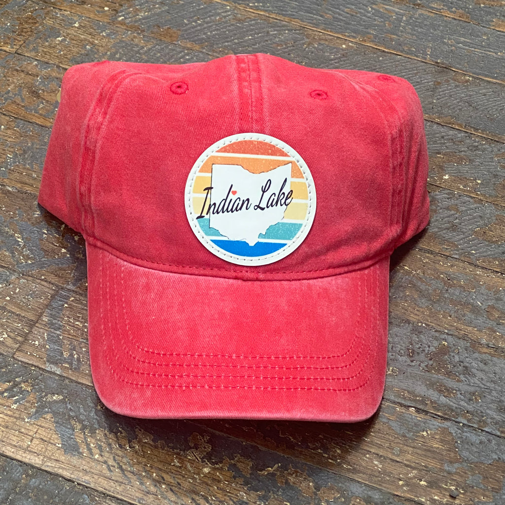 Indian Lake Ohio Color Line Leather Patch Faded Ball Cap Red