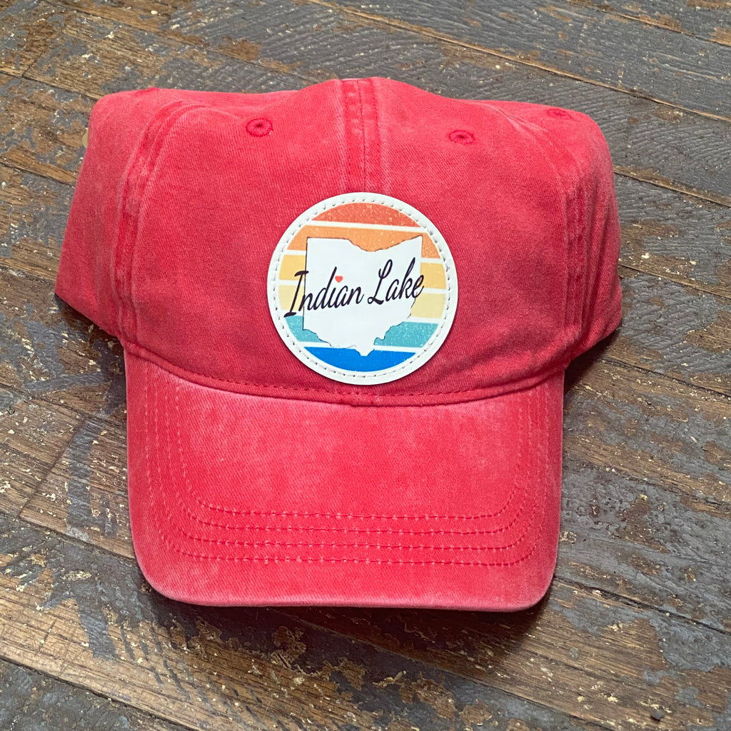 Indian Lake Ohio Color Line Leather Patch Faded Ball Cap Red