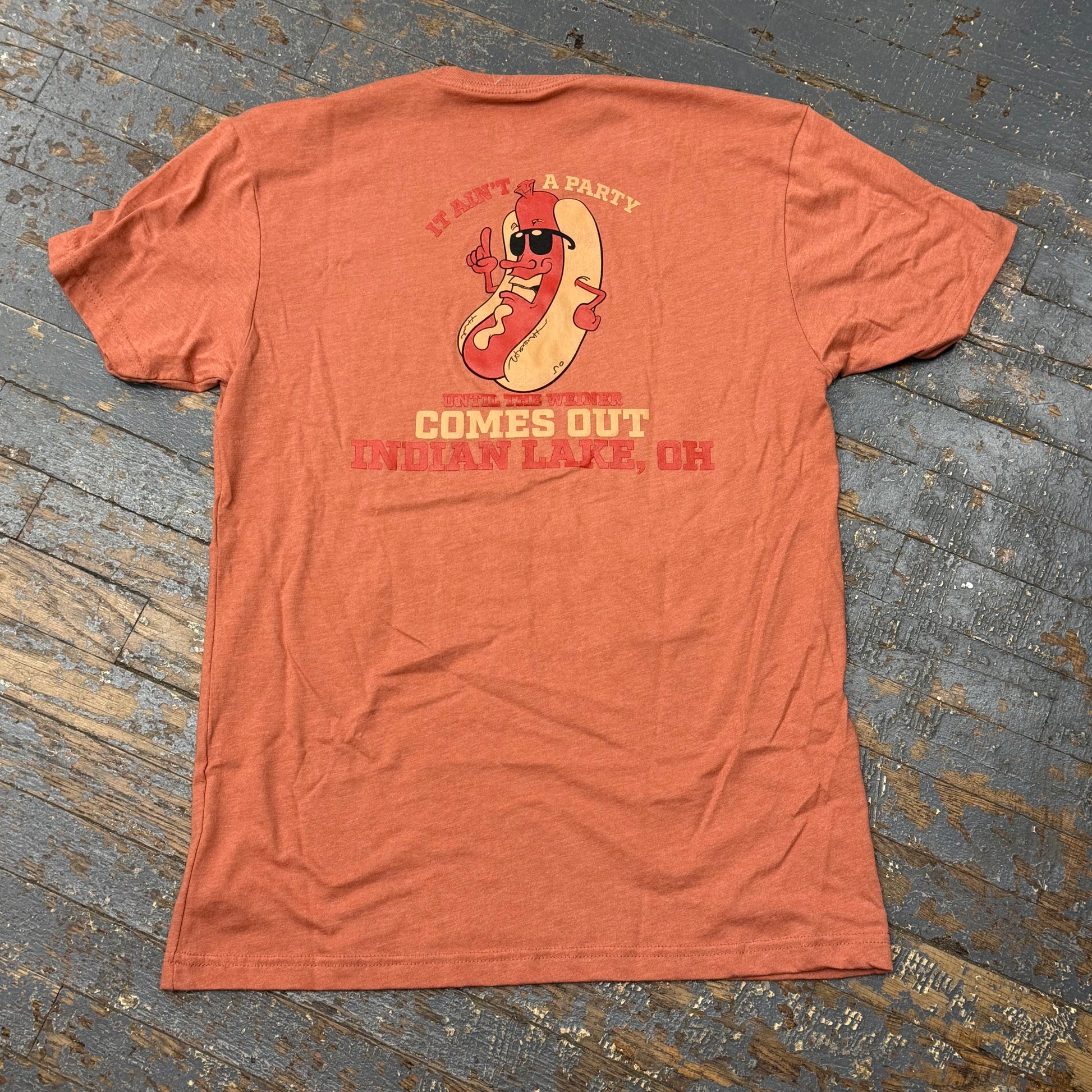 Holders Hideaway Party Weiner Rust Orange Short Sleeve T-Shirt Graphic Designer Tee Back