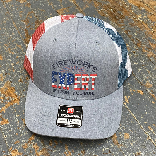 Fireworks Expert Patriotic Trucker Ball Cap Grey Star Stripe