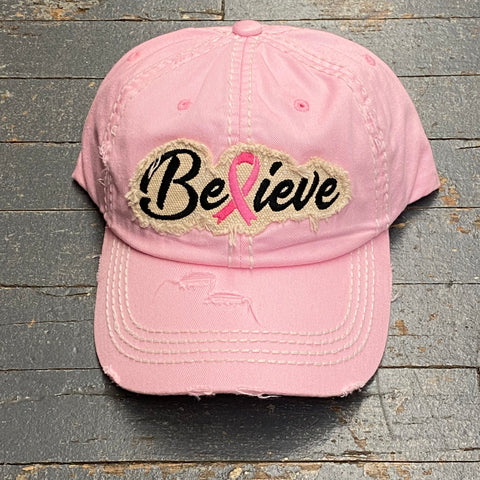Believe Pink Ribbon Hat Patch Rugged Pink Embroidered Ball Cap