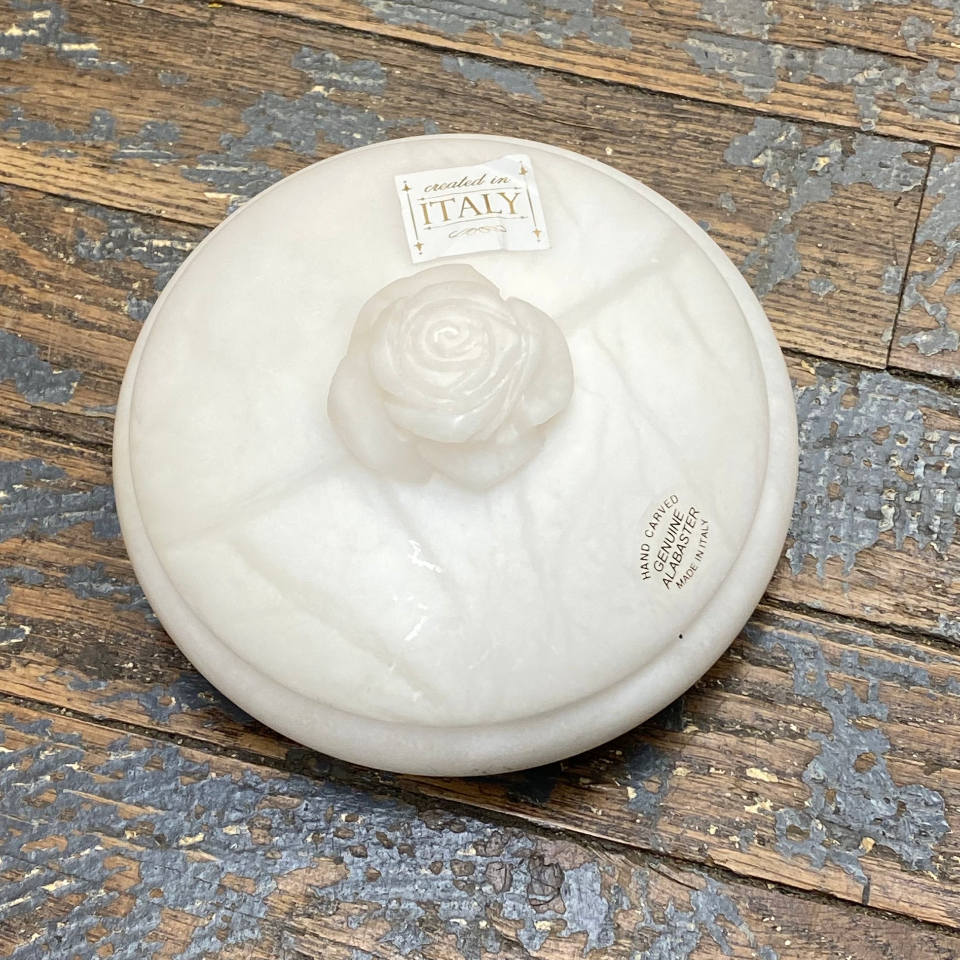 Genuine Volterra Alabaster Italian Trinket Box Sphere Round White Pearl Rose