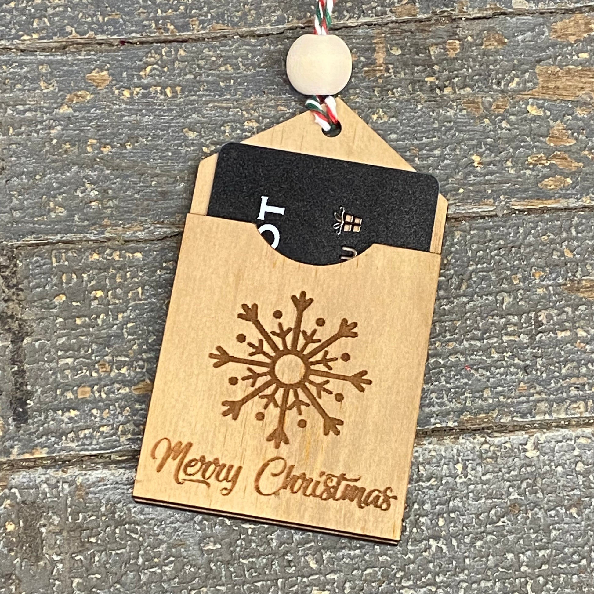 Merry Christmas Snowflake Wood Engraved Gift Card Holder Ornament