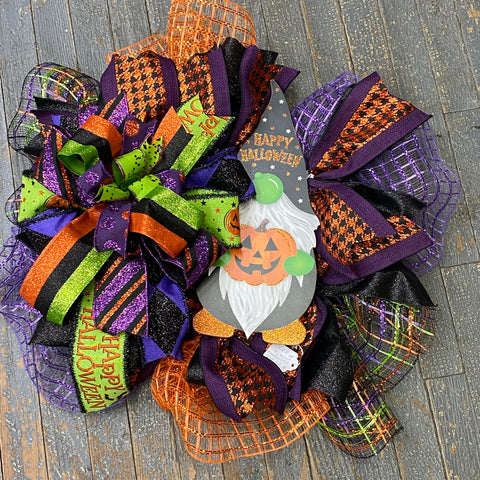 Happy Halloween Jackolantern Gnome Orange Purple Seasonal Holiday Wreath Door Hanger