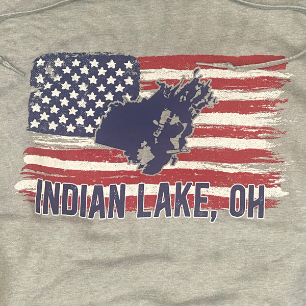 Indian Lake Ohio Map American Flag Grey Graphic Designer Long Sleeve Sweatshirt Hoody