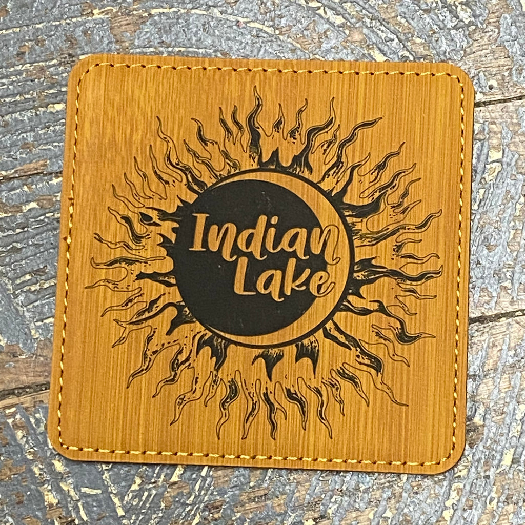 Laser Engraved Coaster Indian Lake Solar Eclipse Wood Grain Leather Wrap