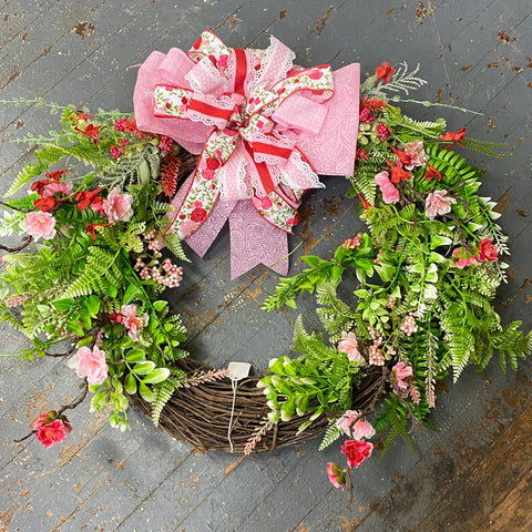 Pink Floral Rose Grapevine Holiday Wreath Door Hanger