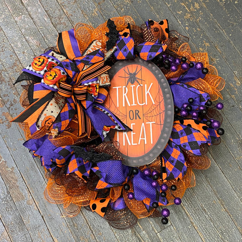 Halloween Trick or Treat Orange Purple Seasonal Holiday Wreath Door Hanger