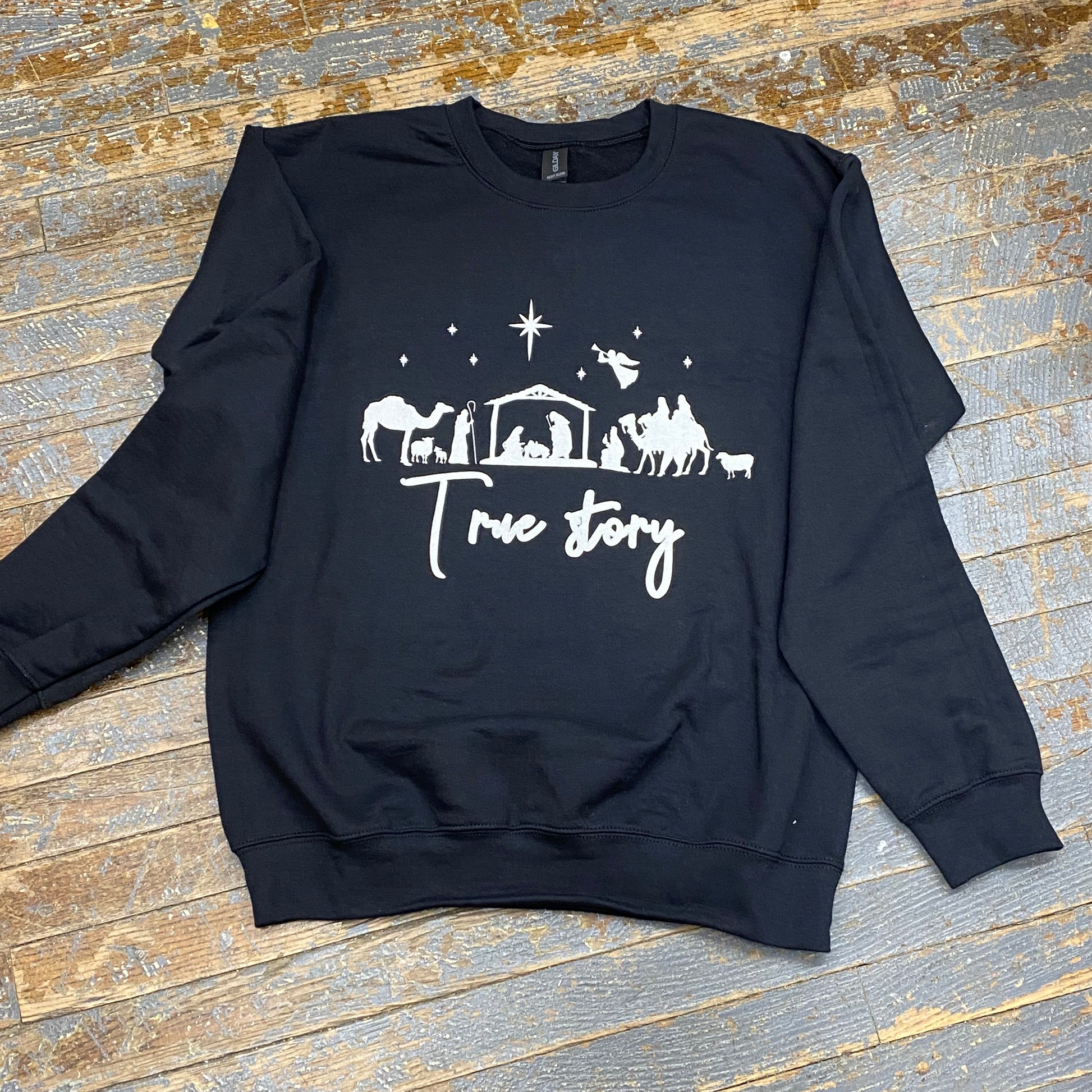 True Story Christmas Nativity Black Graphic Designer Long Sleeve Crew Neck Sweatshirt