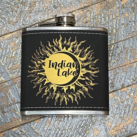 Laser Engraved Flask Indian Lake Solar Eclipse Black Leather Wrap