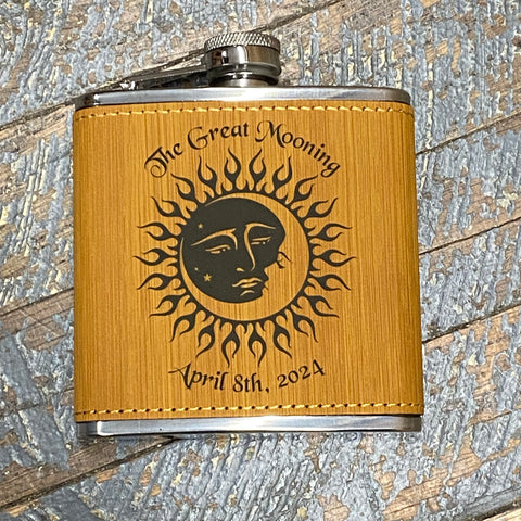 Laser Engraved Flask Great Mooning Solar Eclipse Wood Grain Leather Wrap