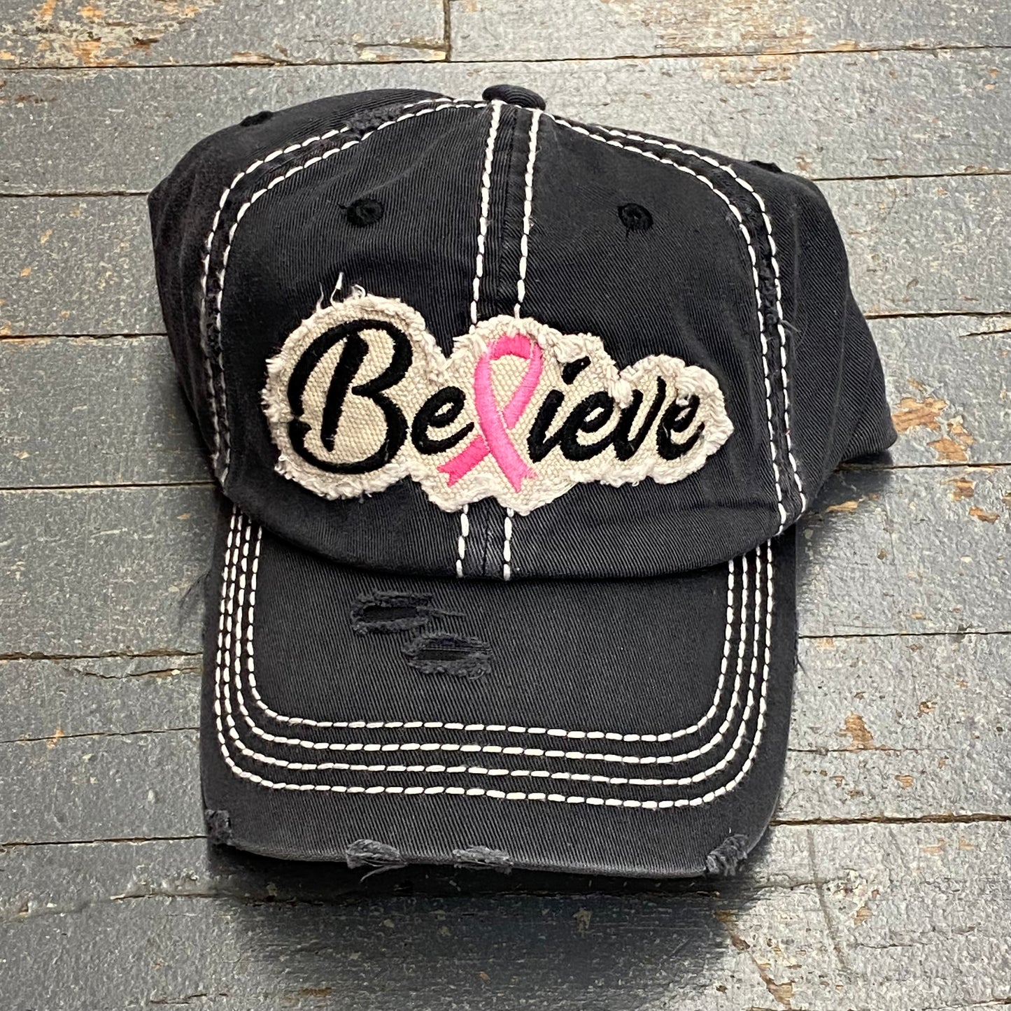 Believe Pink Ribbon Hat Patch Rugged Black Embroidered Ball Cap