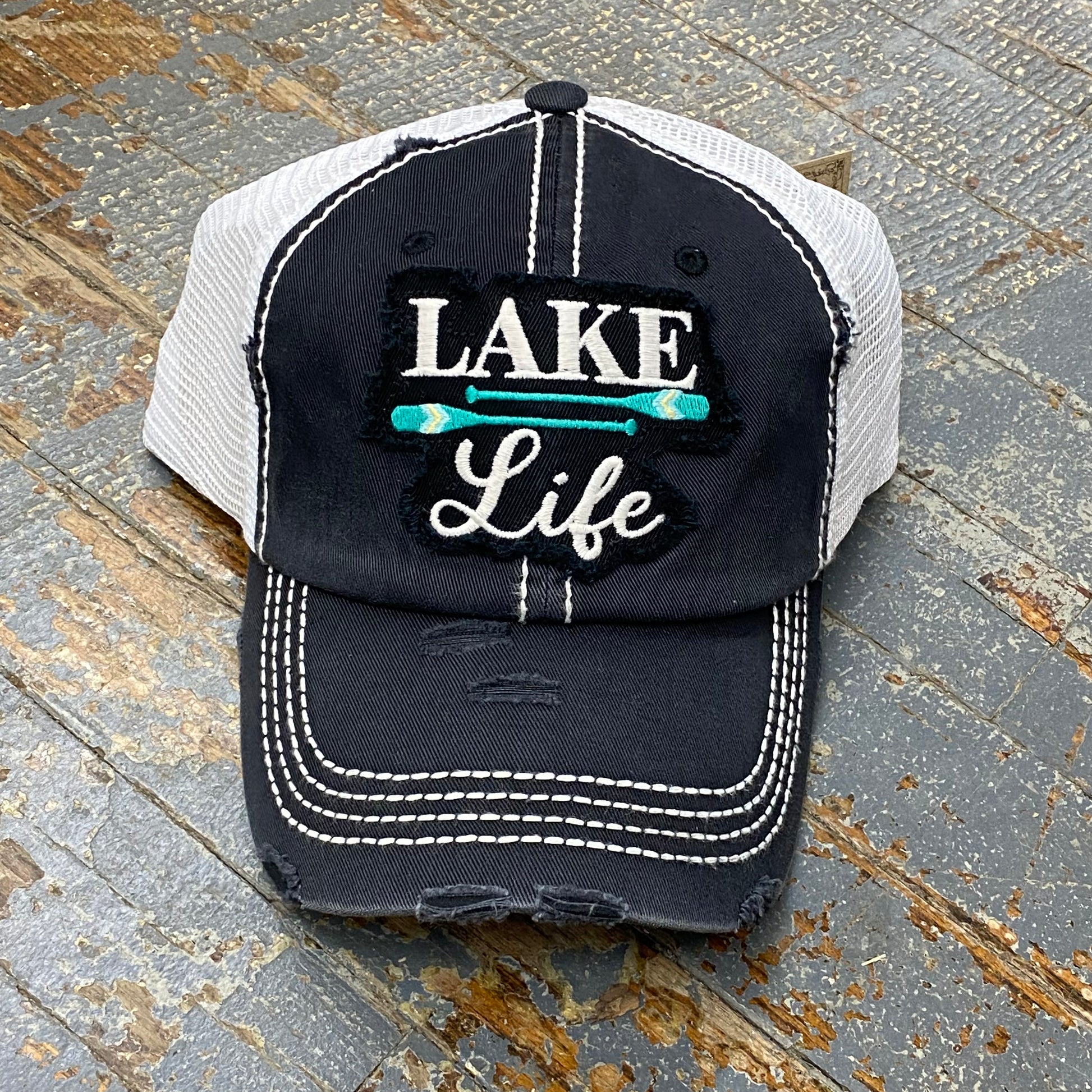 Lake Life Paddle Hat Black Vintage Embroidered Patch Ball Cap