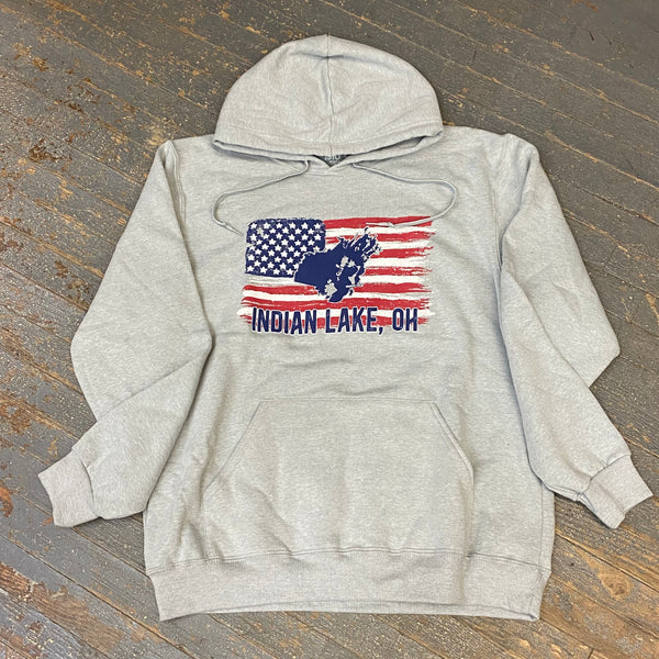 Indian Lake Ohio Map American Flag Grey Graphic Designer Long Sleeve Sweatshirt Hoody