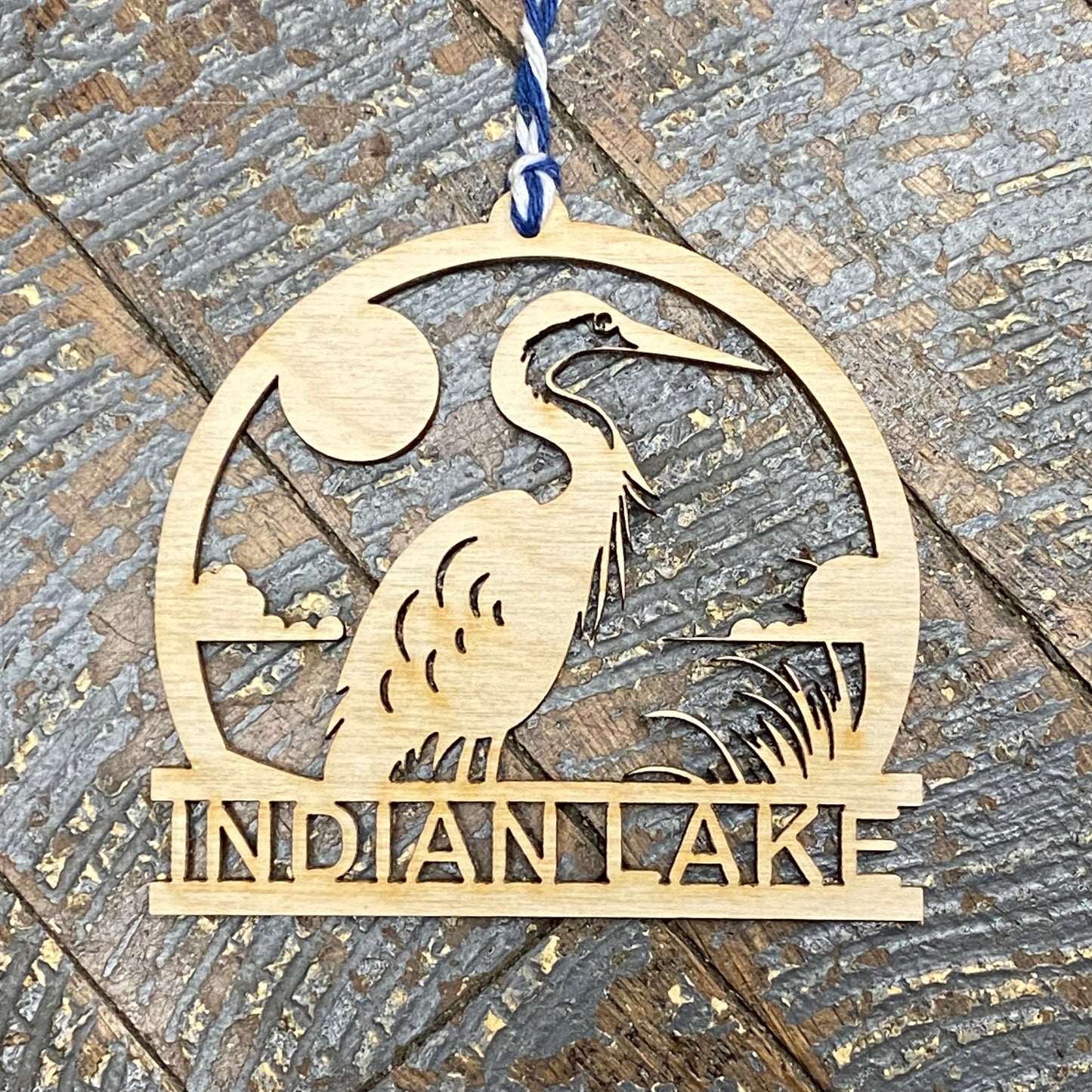 Indian Lake Heron Wood Engraved Ornament