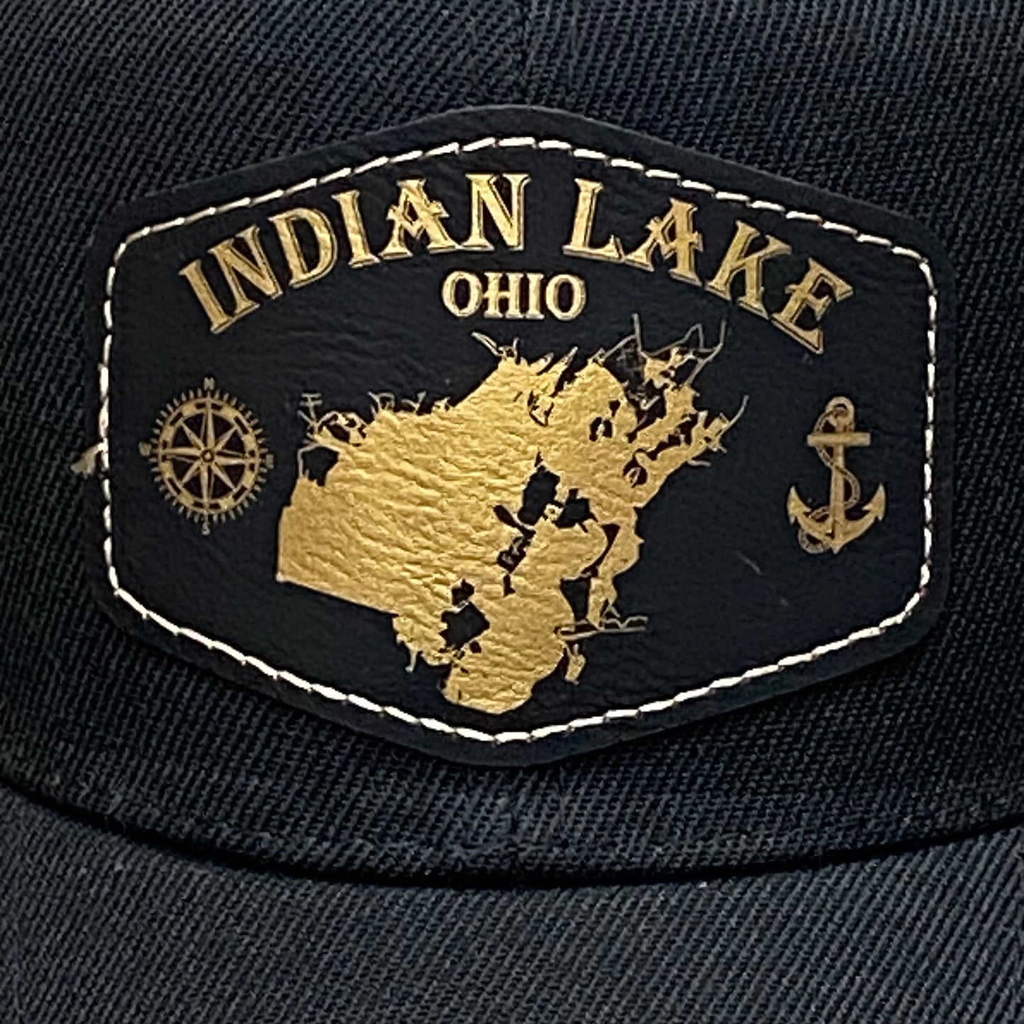 Indian Lake Ohio Map Compass Anchor Engraved Leather Patch Black Ball Cap