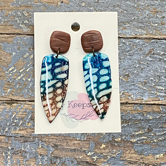 Clay Turtle Shell Double Wood Grain Post Dangle Earring Set