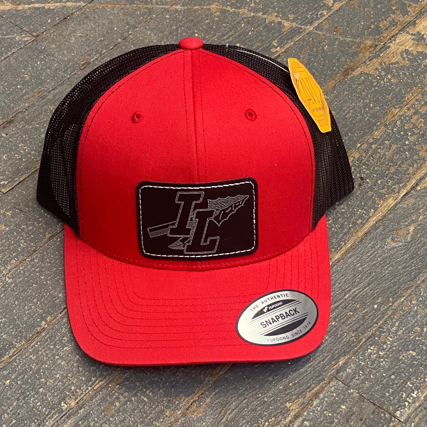 Indian Lake Lakers Spear Leather Patch Trucker Ball Cap Black Red