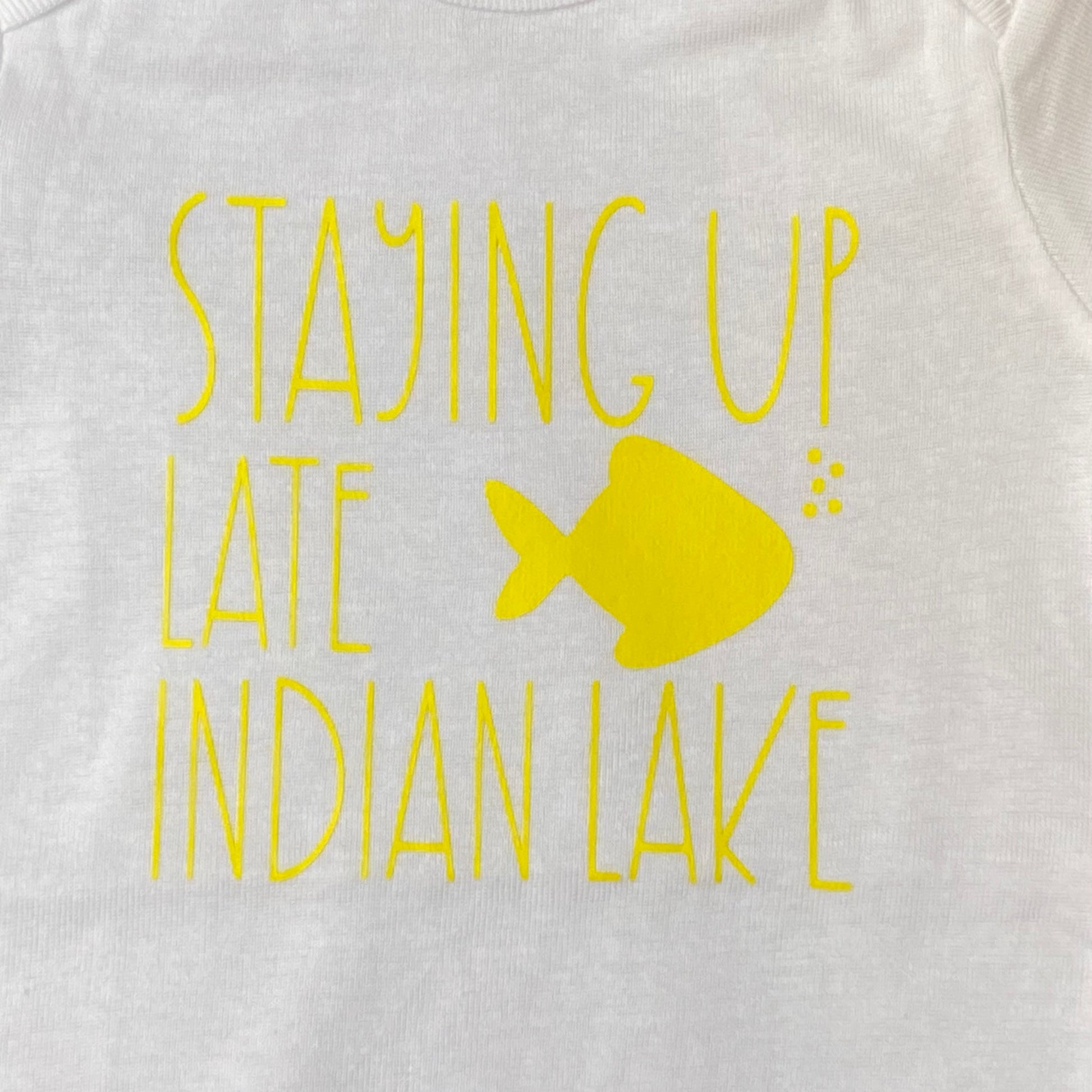 Staying Up Late at Indian Lake Yellow Personalized Onesie Bodysuit One Piece Newborn Infant Toddler Outfit