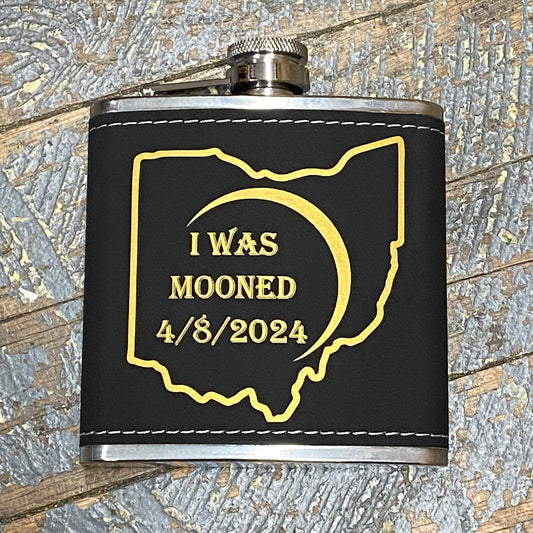 Laser Engraved Flask I Was Mooned Solar Eclipse Black Leather Wrap