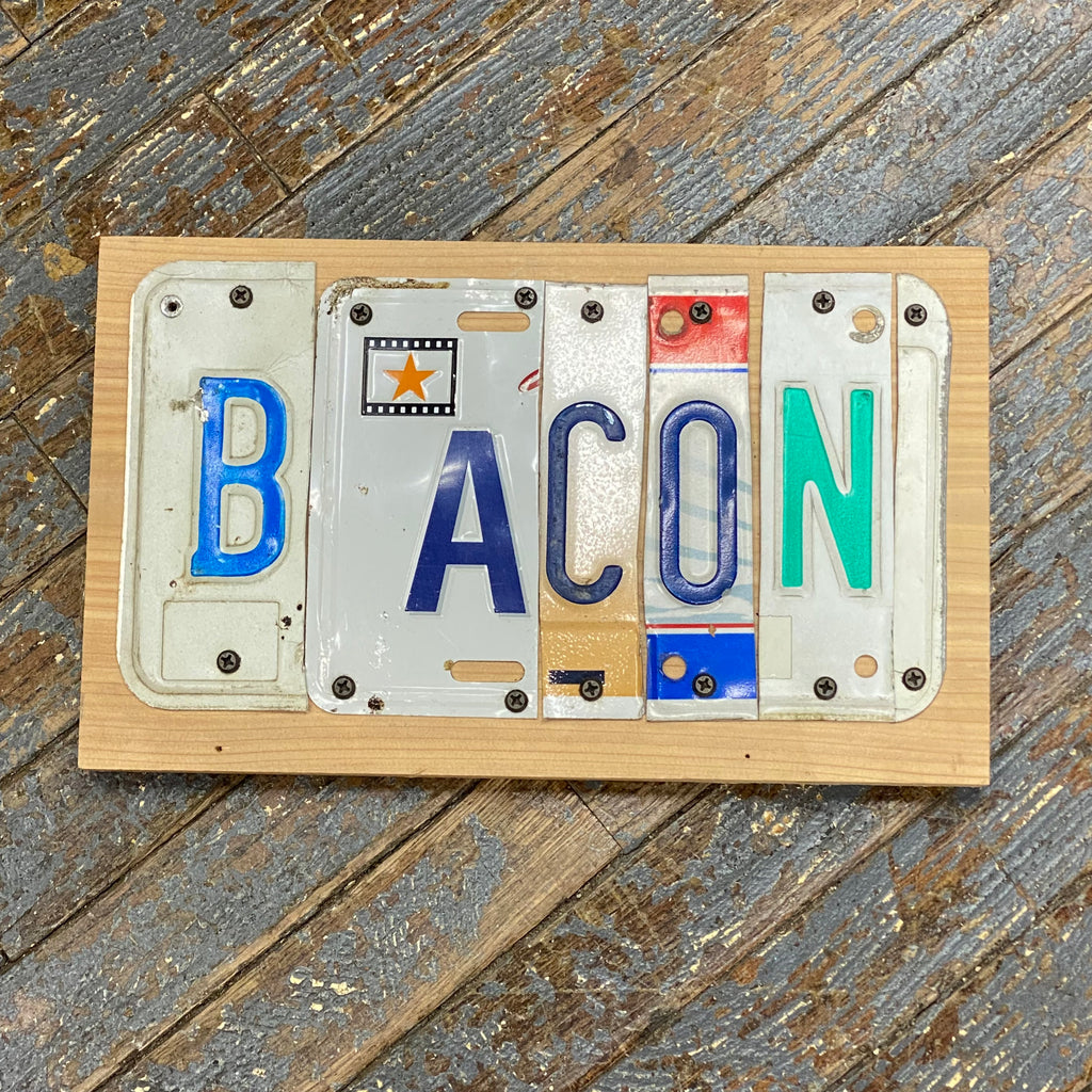 Rustic Repurposed License Plate Block Word Wall Art Bacon