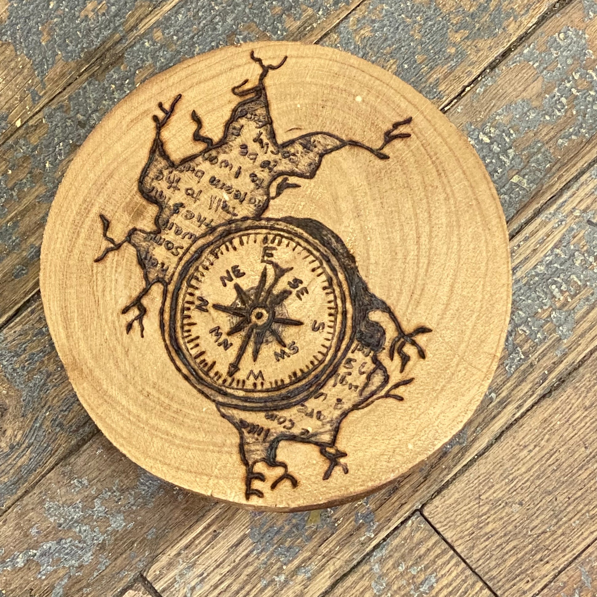 Hand Engraved Wood Coaster Trivet Compass Travel