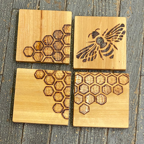 Hand Engraved Wood Coaster Set Honey Comb Bumble Bee