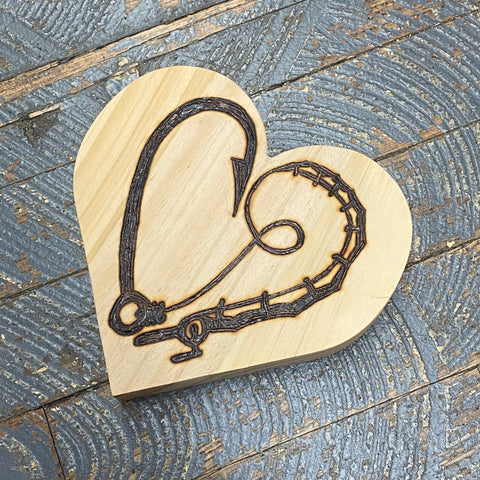 Hand Engraved Wood Heart Fishing Pole Fish Hook