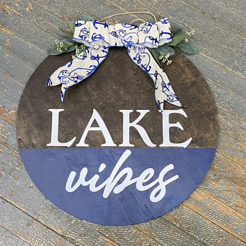Lake Vibes Round Wood Brown Navy Wall Sign Door Wreath