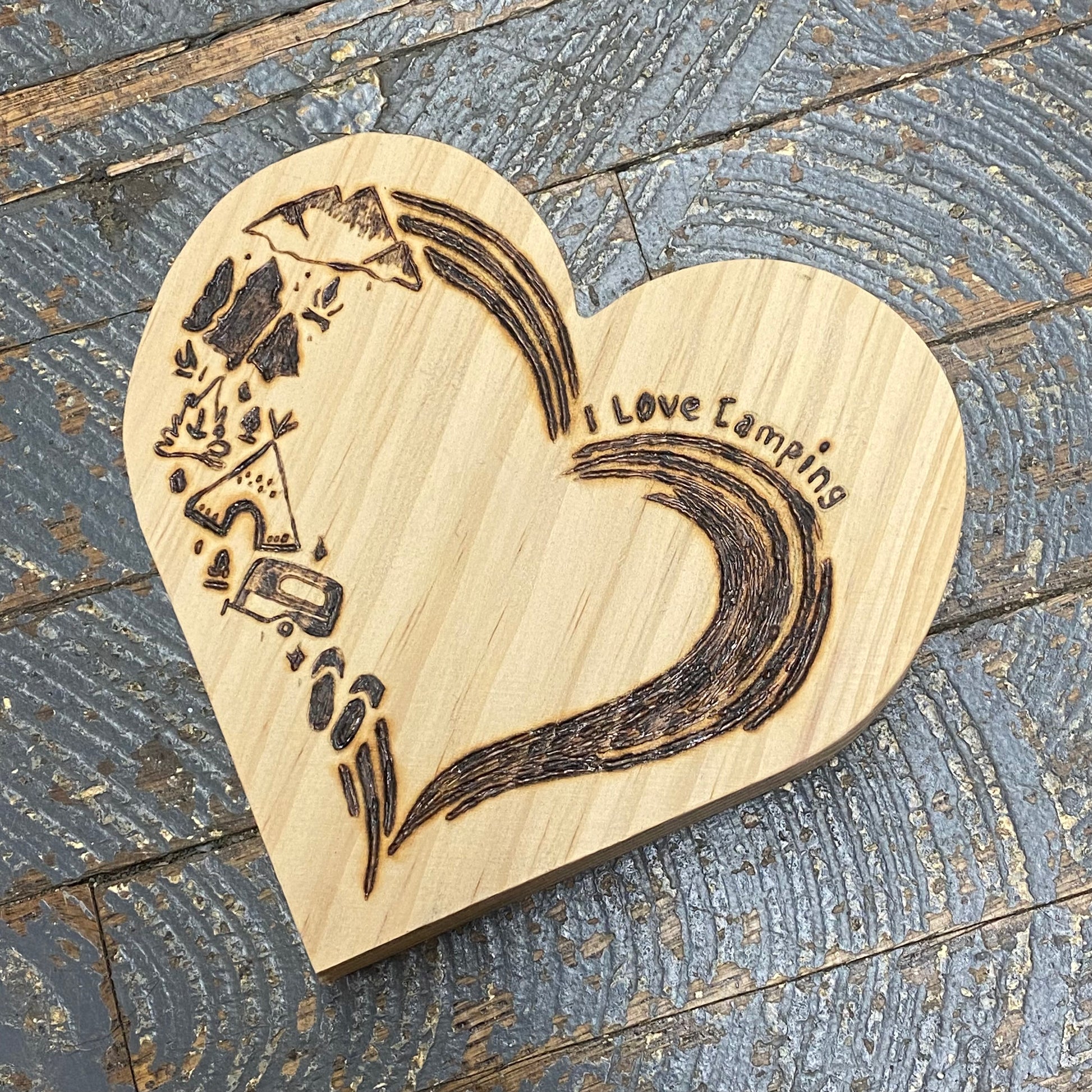 Hand Engraved Wood Heart Mountain Hiking Love Camping