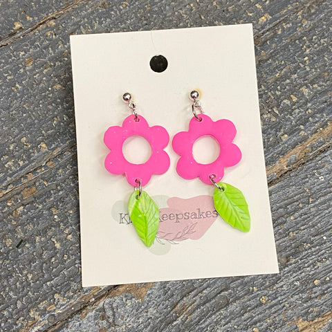 Clay Pink Cut Out Flower Leaf Post Dangle Earring Set