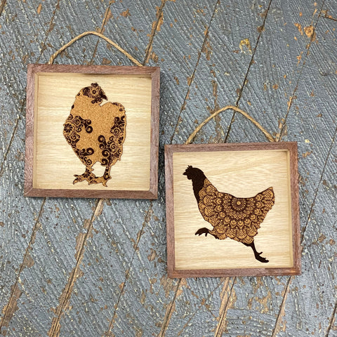 Chicken Rooster Engraved Scroll Paisley Wood Shadow Box
