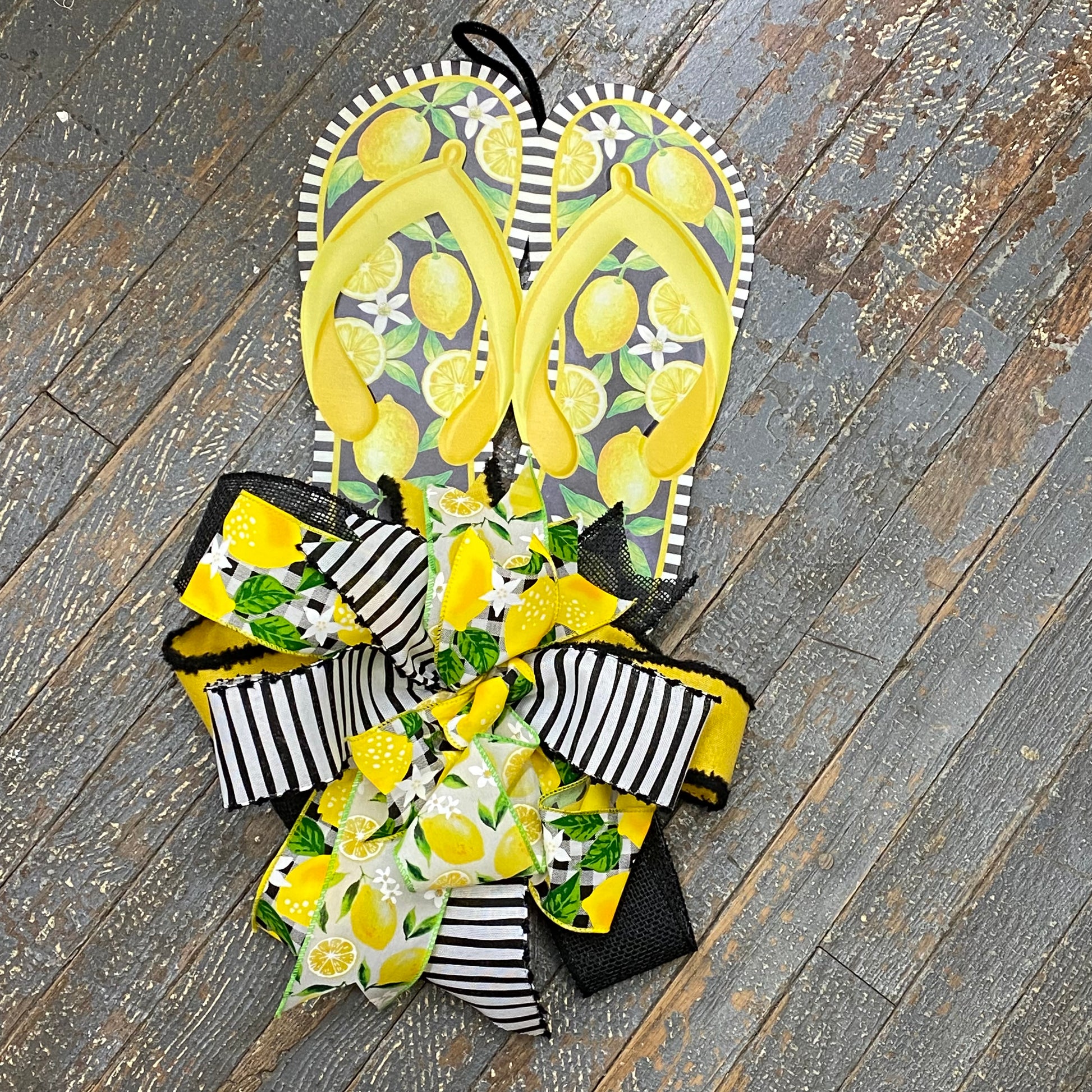 Summer Lemon Sandal Flip Flop Metal Black White Wall Sign Door Wreath