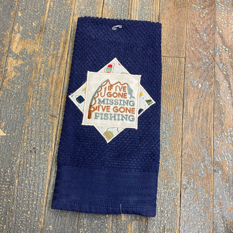 Kitchen Hand Towel Quilt Cloth Gone Missing Fishing Embroidered Navy Blue