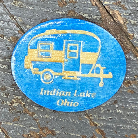 Indian Lake Ohio Camper Blue Wood Engraved Magnet