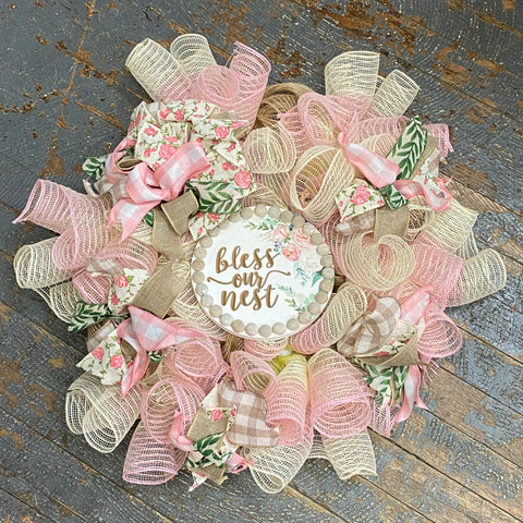 Bless Our Nest Pink Rose Holiday Wreath Door Hanger