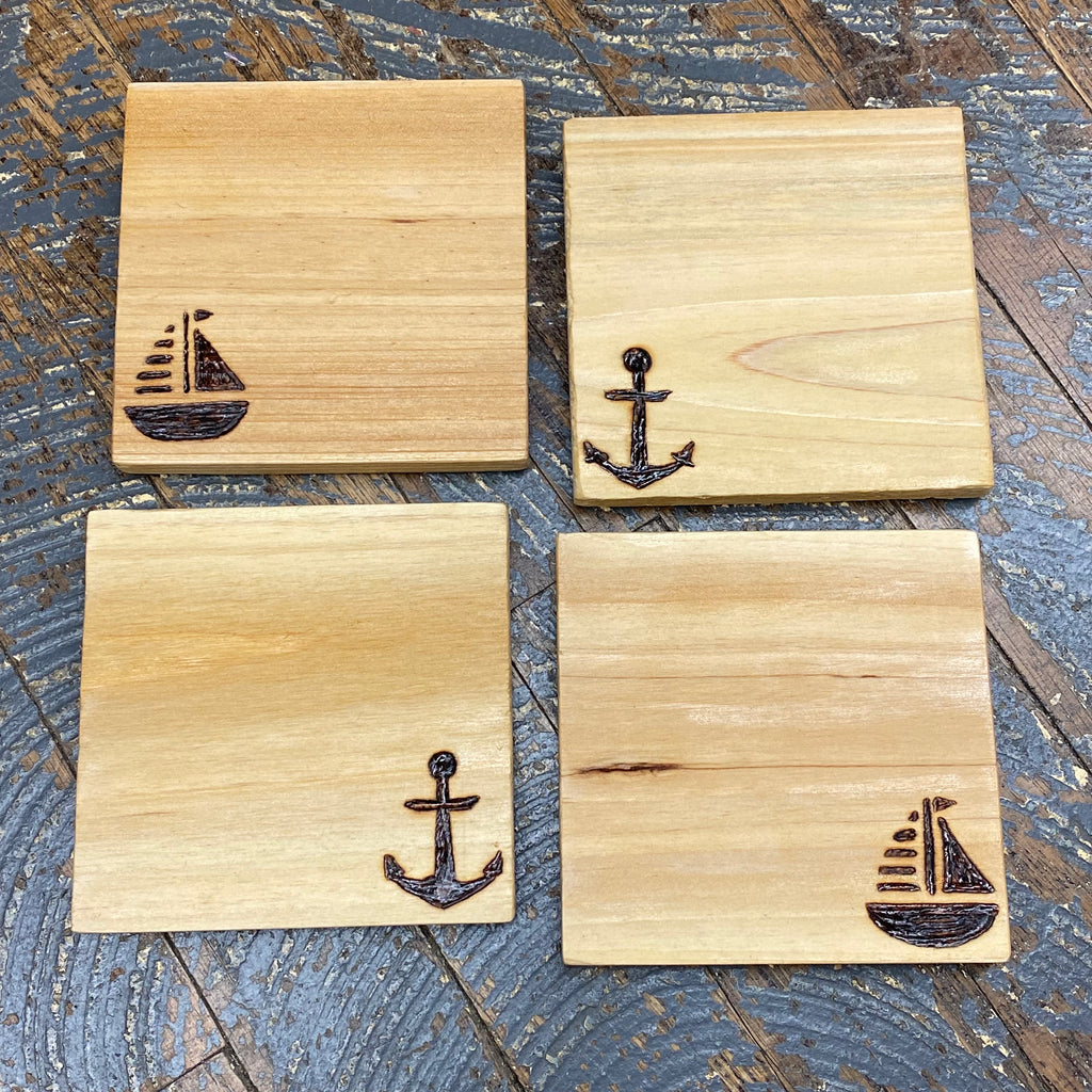 Hand Engraved Wood Coaster Set Nautical Anchor Sailboat