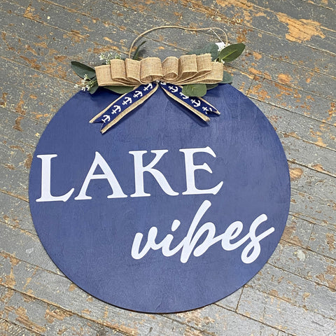 Lake Vibes Round Wood Navy Wall Sign Door Wreath