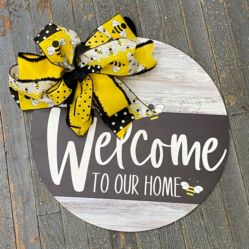 Welcome to Home Bumble Bee Round Wood Black White Wall Sign Door Wreath